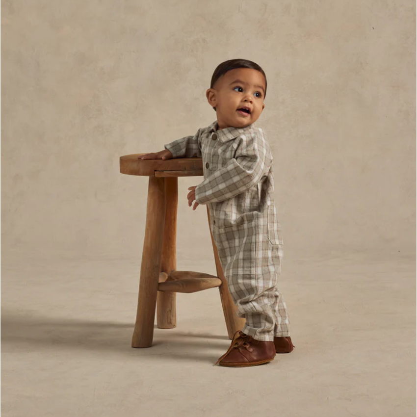 collared baby jumpsuit || pewter plaid