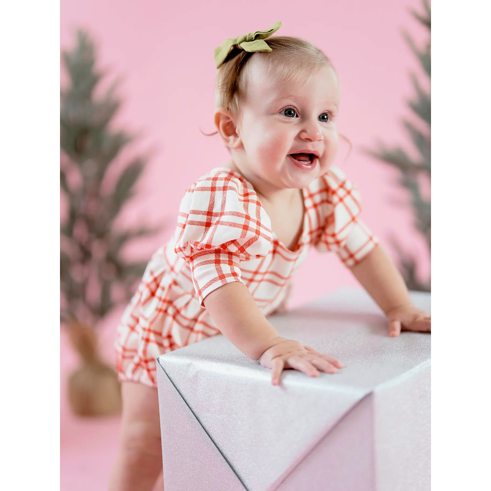 puff romper | scarlet plaid