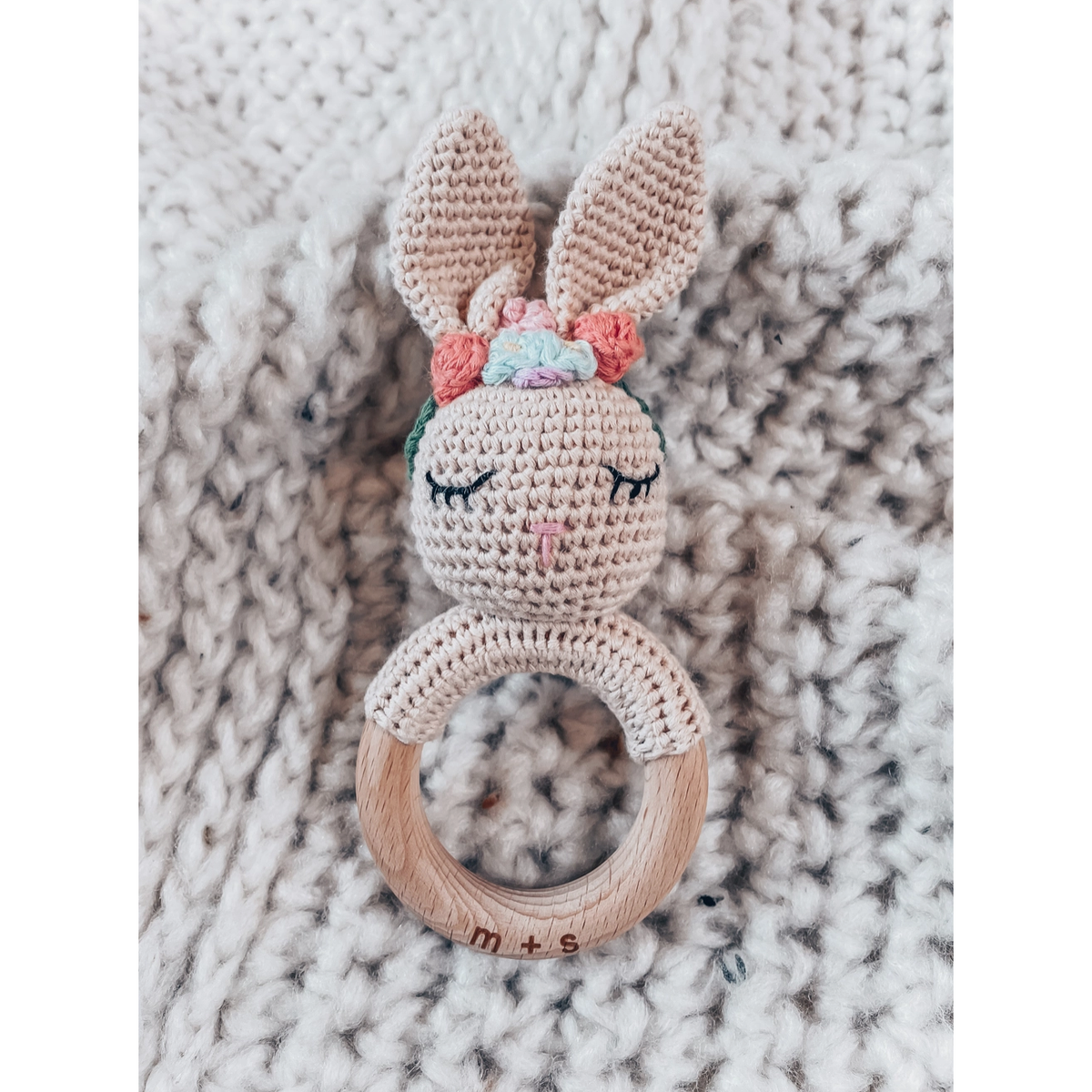 floral bunny hand crochet rattle
