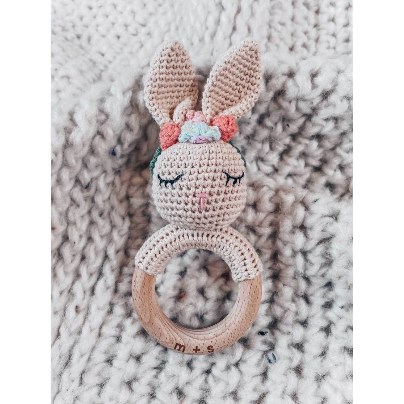 floral bunny hand crochet rattle