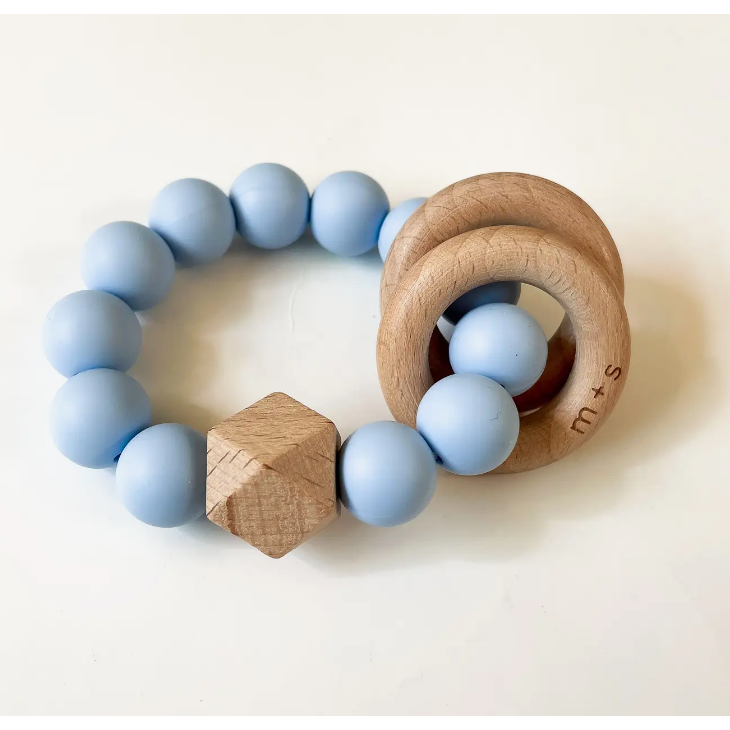 silicone and beech wood geo teether | powder blue