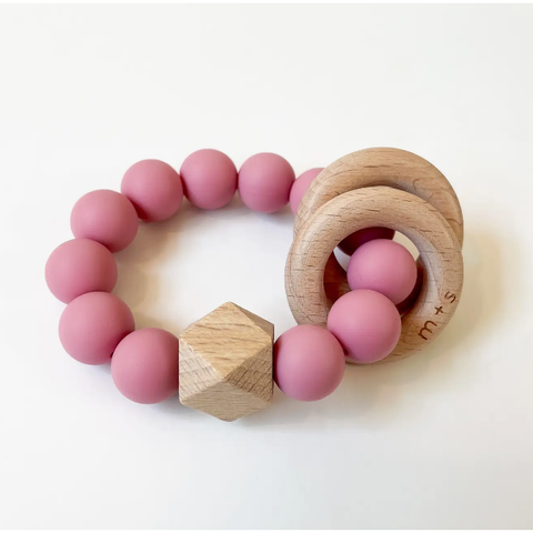 silicone and beech wood geo teether | pink