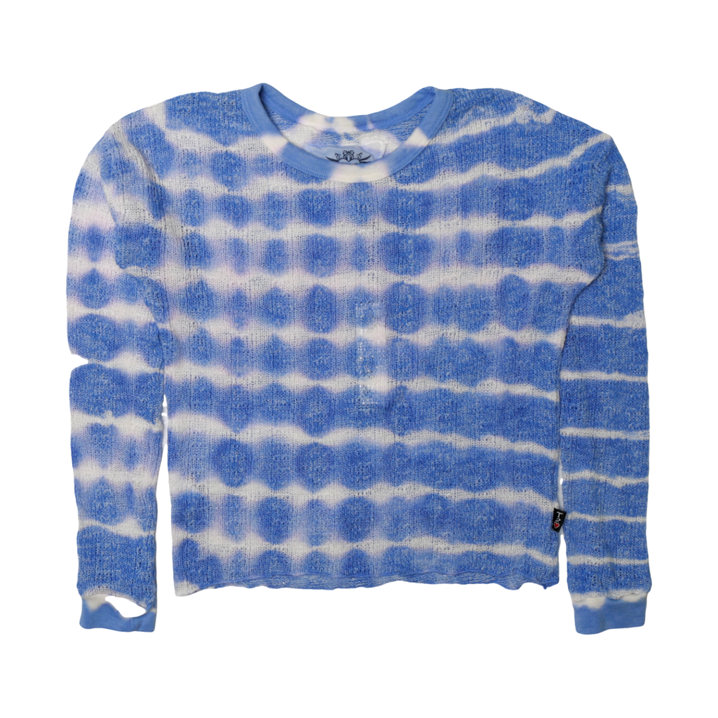 long sleeve crochet pullover top | blue tie dye