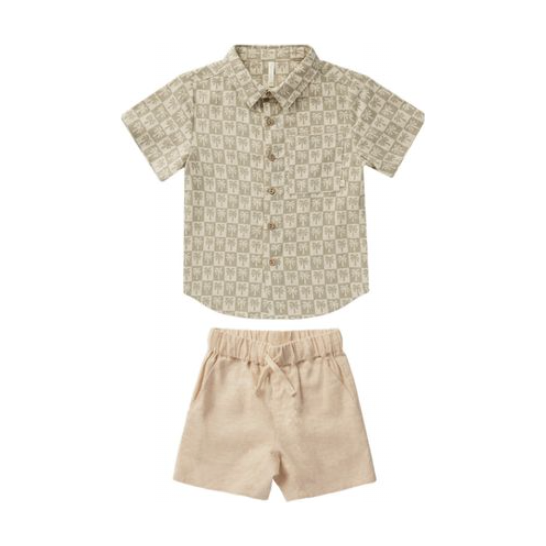 collared short sleeve shirt || palm check + bermuda short || heathered sand