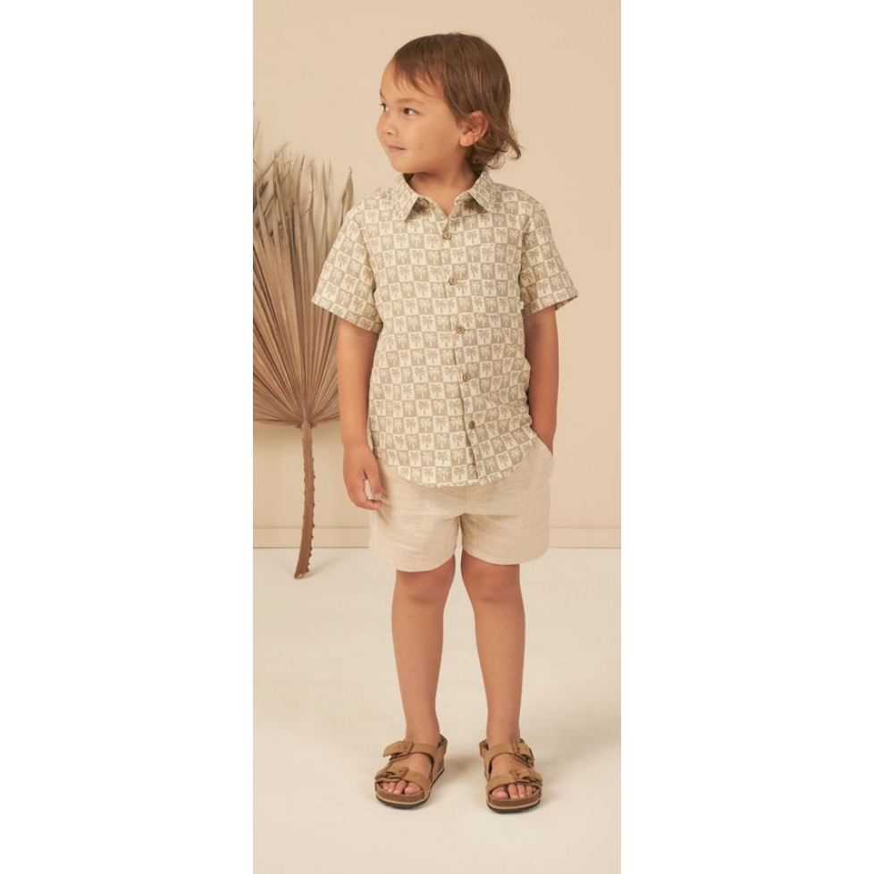 collared short sleeve shirt || palm check + bermuda short || heathered sand