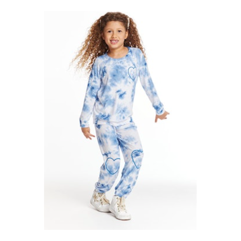 cozy knit pullover + slim slouchy pant | denim tie dye heart