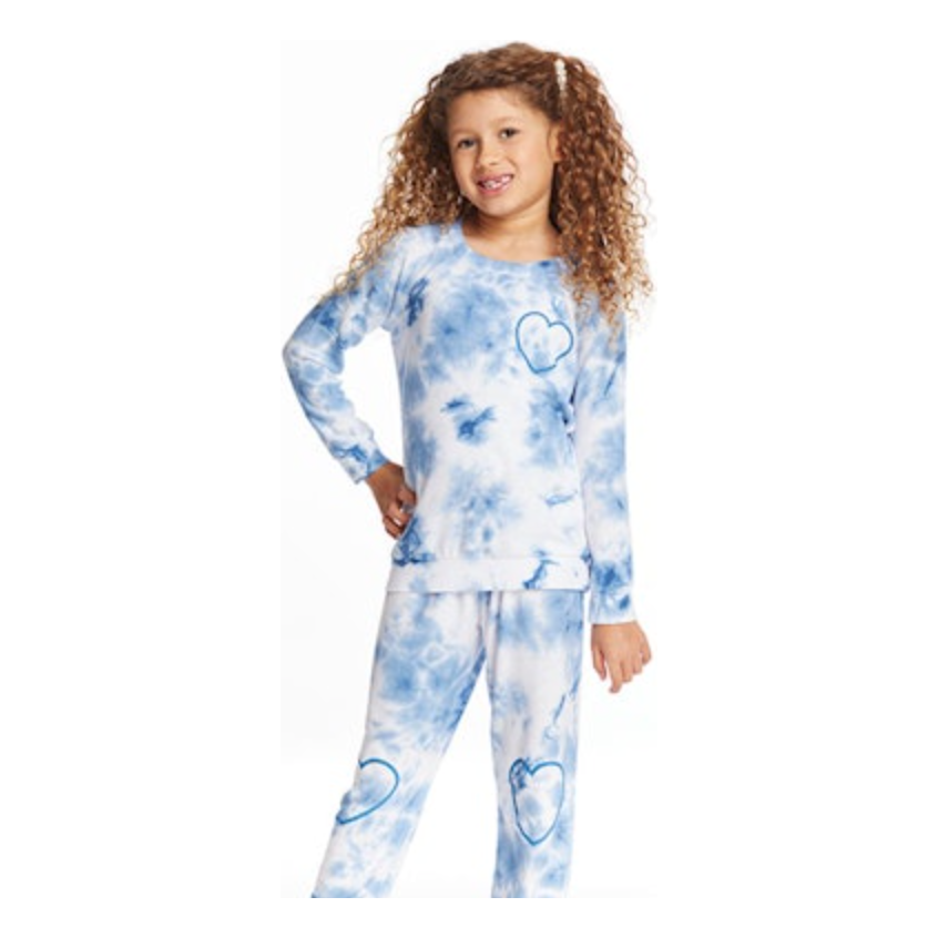 cozy knit pullover + slim slouchy pant | denim tie dye heart