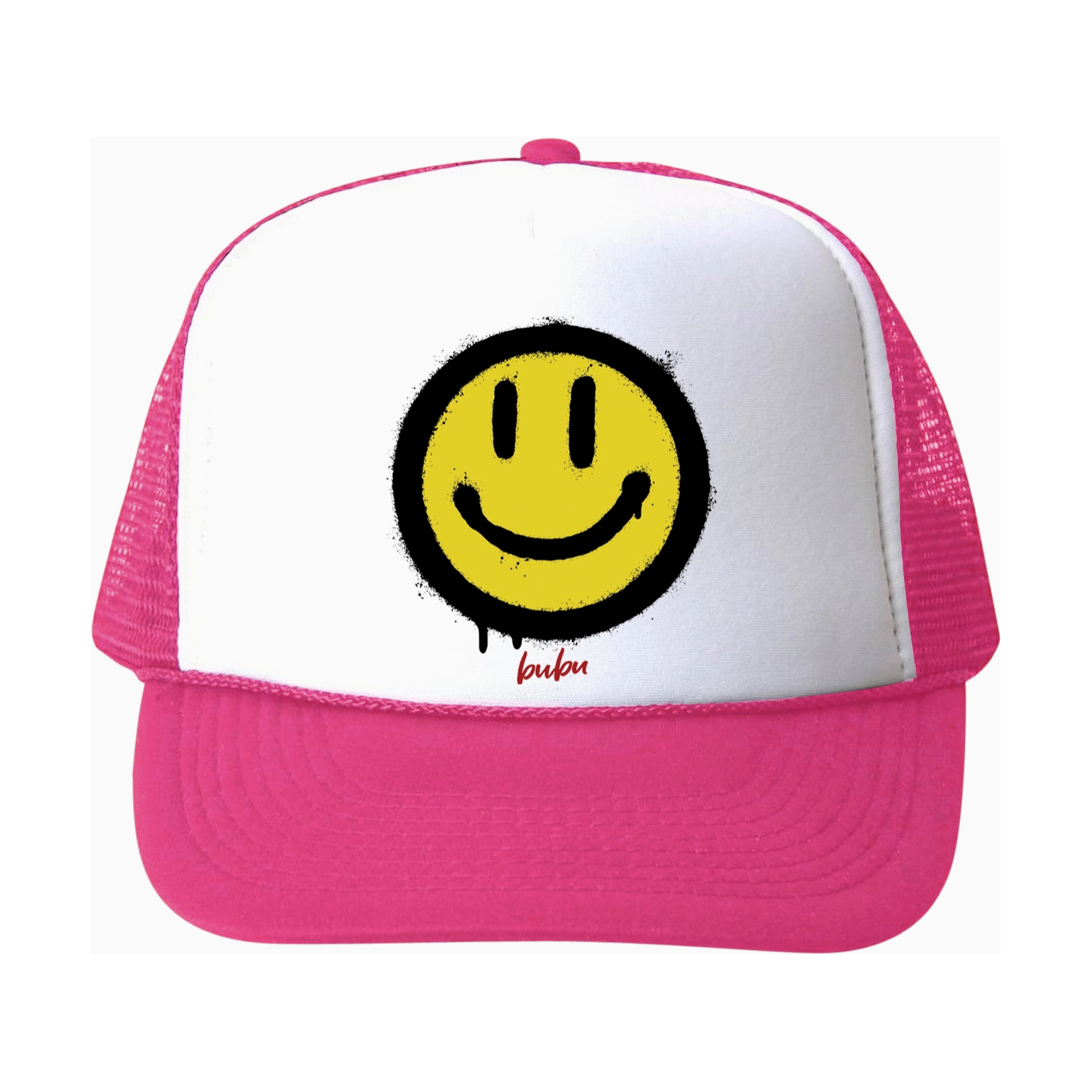 smiley face trucker hat | pink