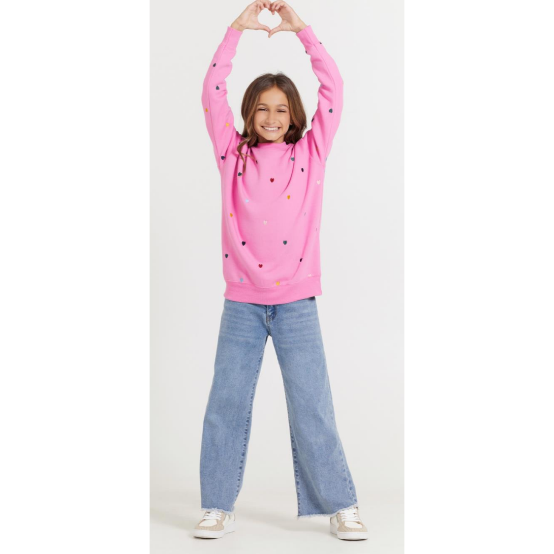 vintage allover embroidered heart crew | pink