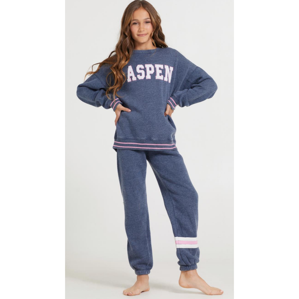 aspen patch crew + striped jogger | navy