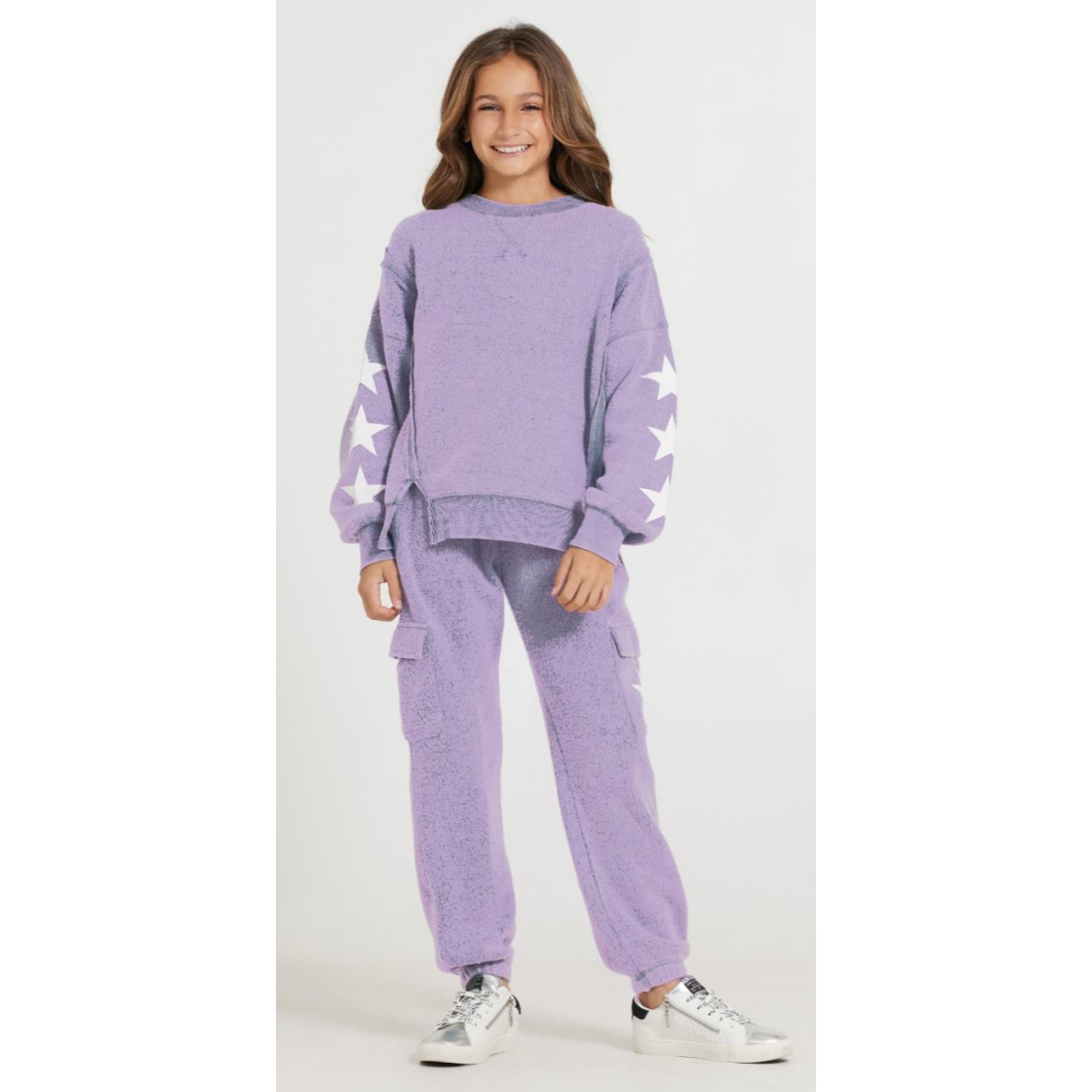 reverse fleece cargo pant with star print | lavender