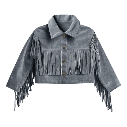 fringe jacket || dusty blue