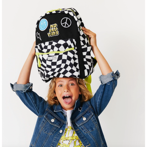 checkered kids backpack with patches