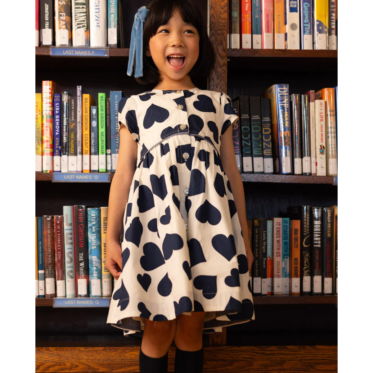 girls fatima dress | navy tossed hearts