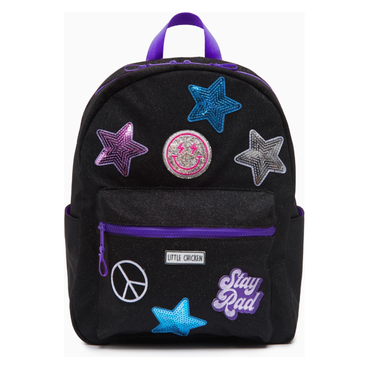 black glitter backpack with patches
