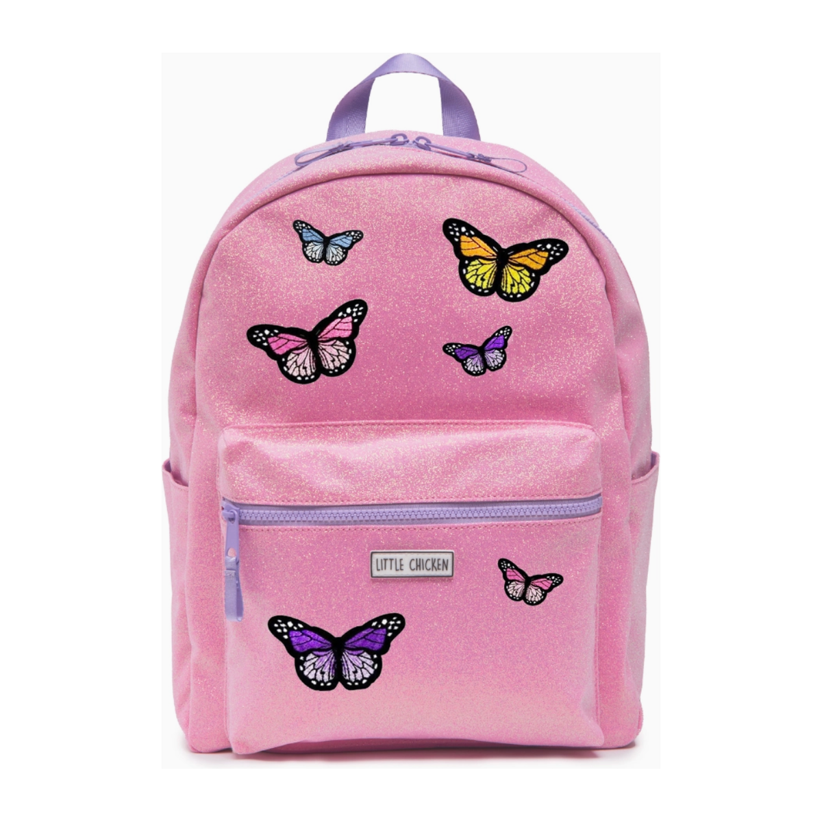 pink glitter backpack with patches