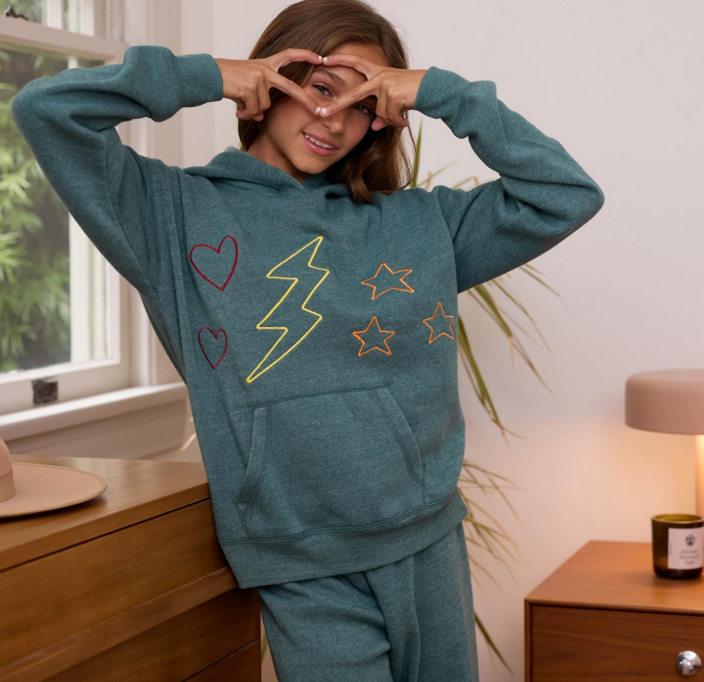 lightning/star/heart pullover | hunter green