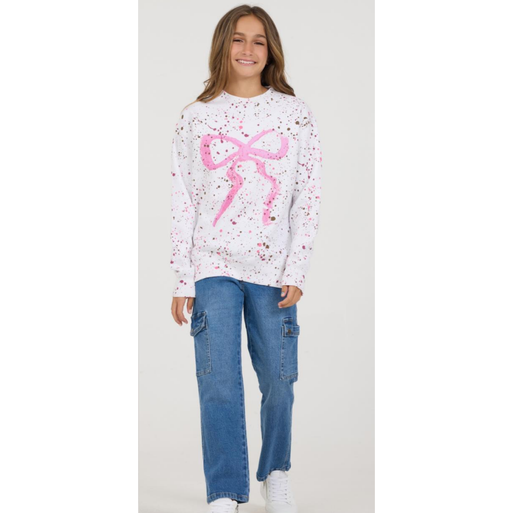 oversized crew with splatter bow | white