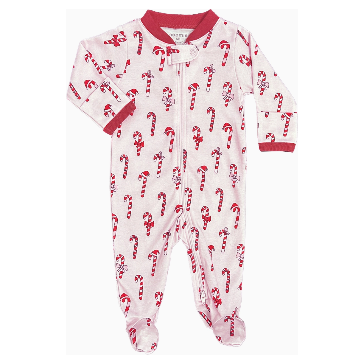 zipper footie | pink candy cane