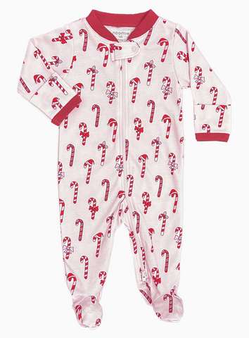 zipper footie | pink candy cane