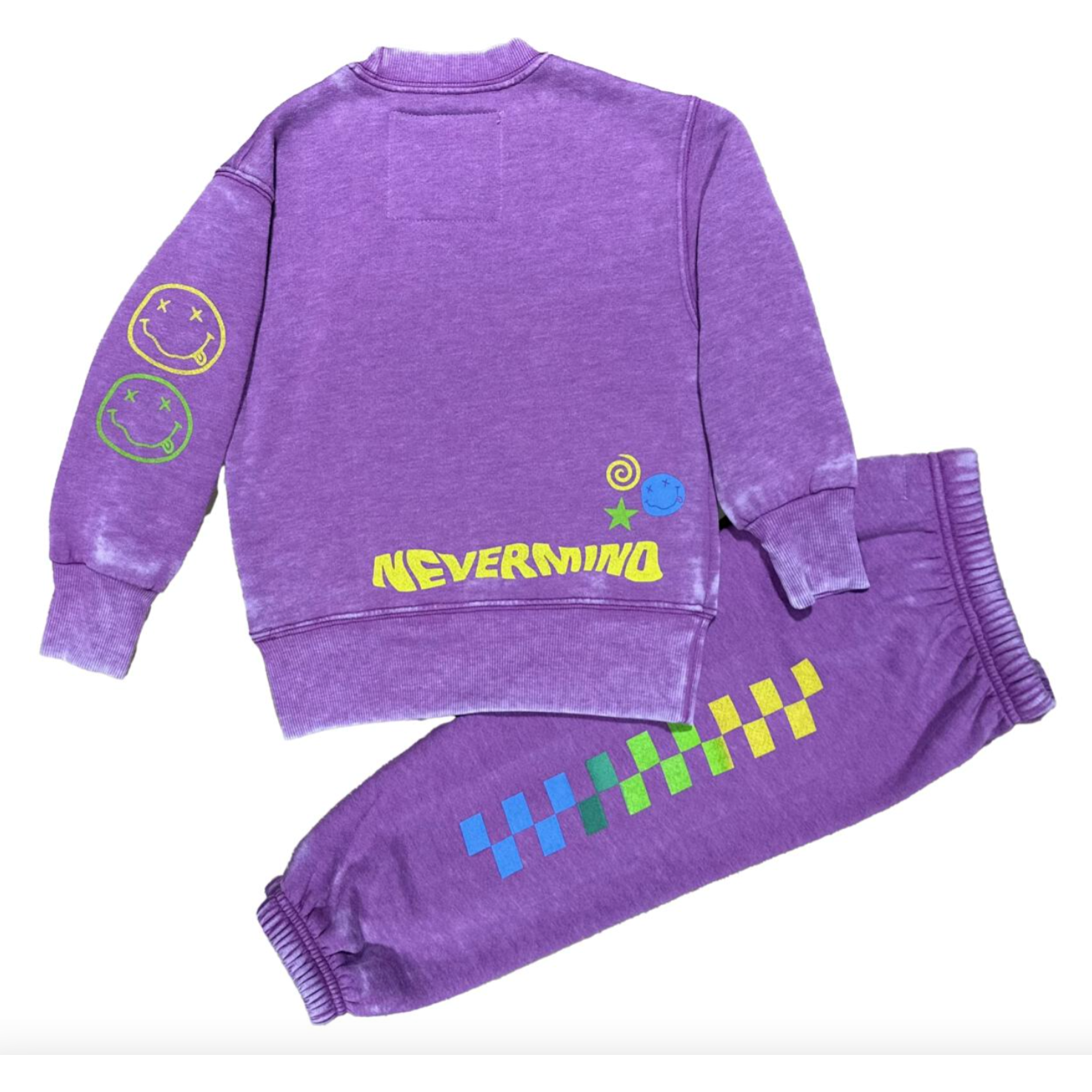 nirvana crew neck sweatshirt + rainbow check sweatpant | plum