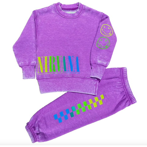 nirvana crew neck sweatshirt + rainbow check sweatpant | plum