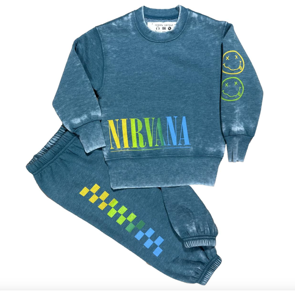 nirvana crew neck sweatshirt + rainbow check sweatpant  | river green