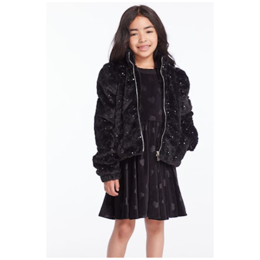 sequin faux fur puff sleeve jacket | licorice