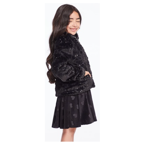 sequin faux fur puff sleeve jacket | licorice