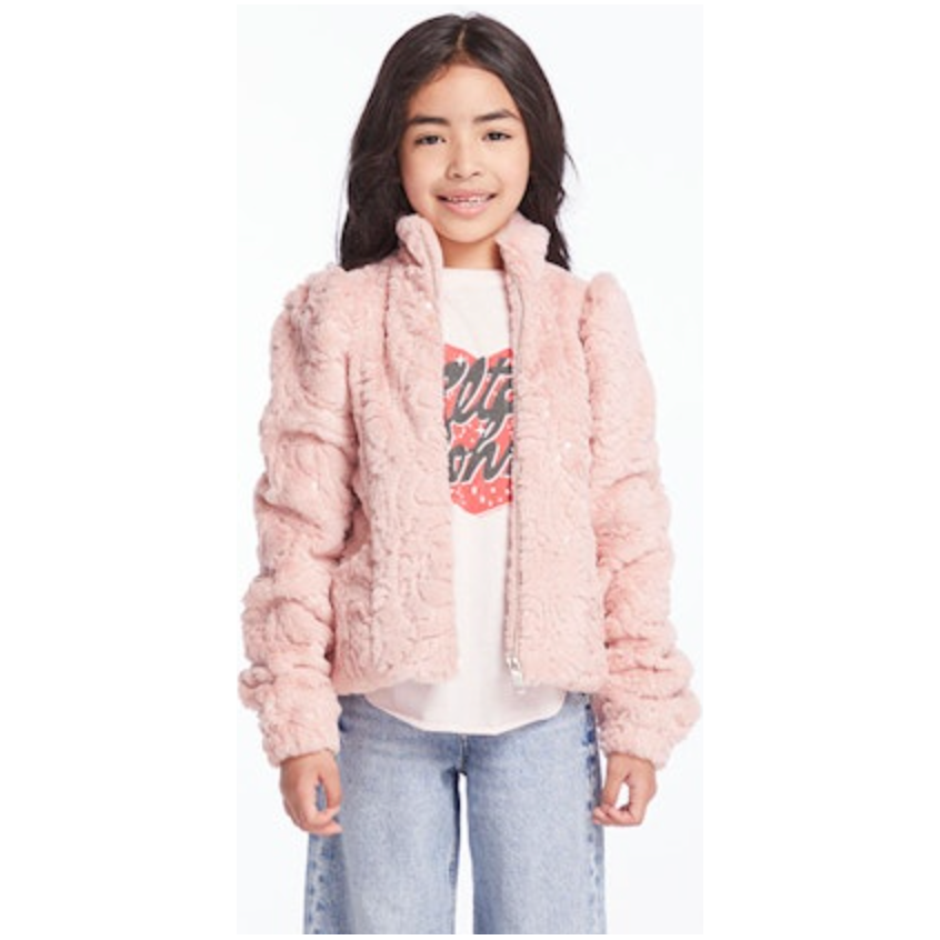 sequin faux fur puff sleeve jacket | pinky