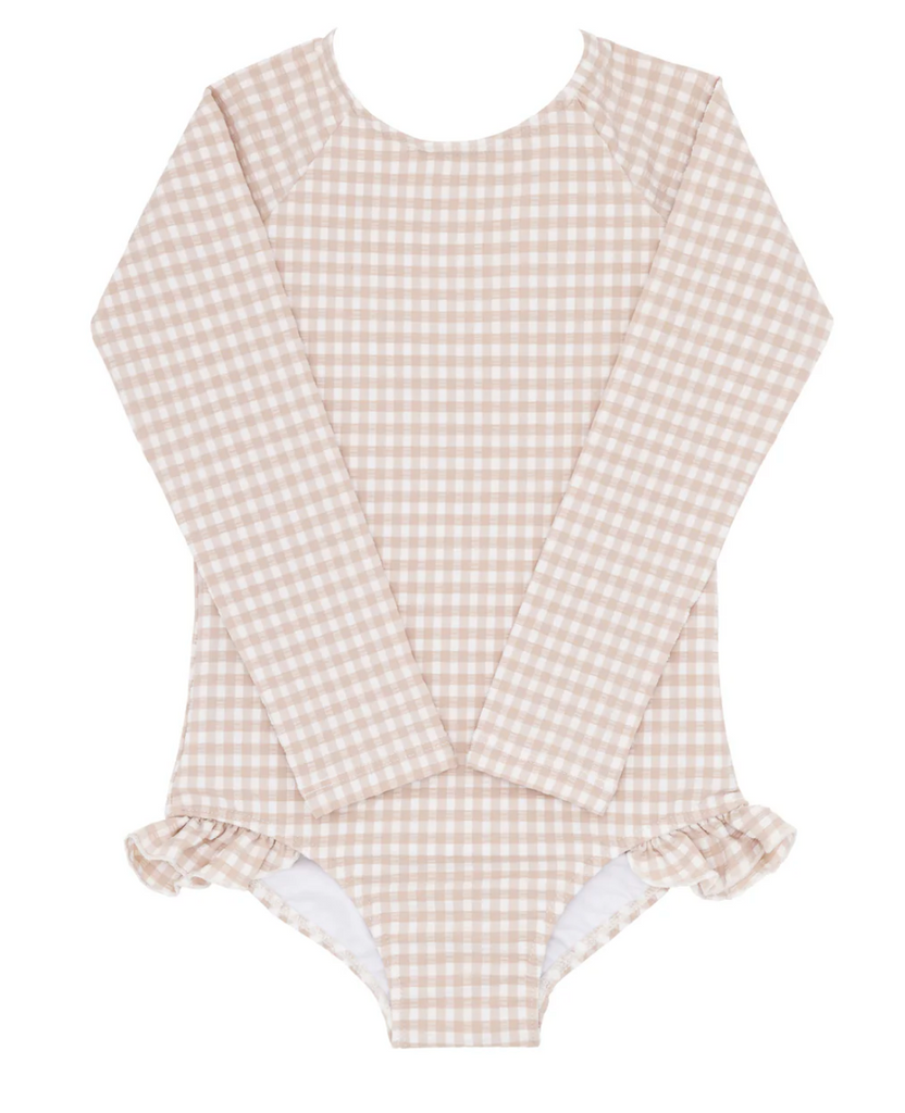 girls brown crinkle gingham rashguard one piece