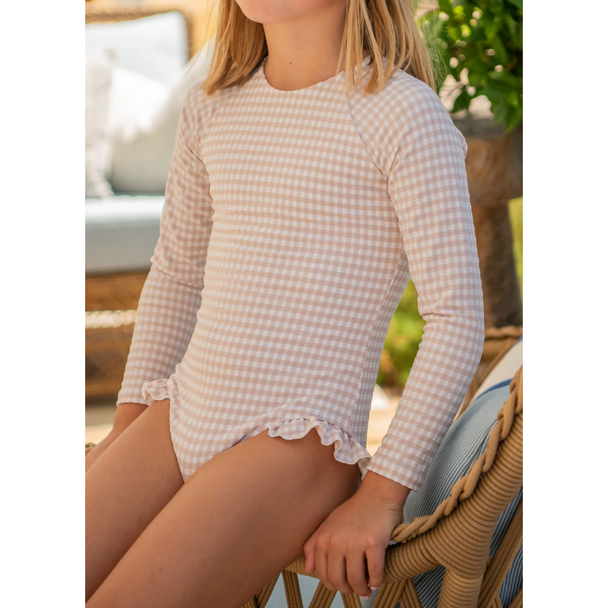 girls brown crinkle gingham rashguard one piece