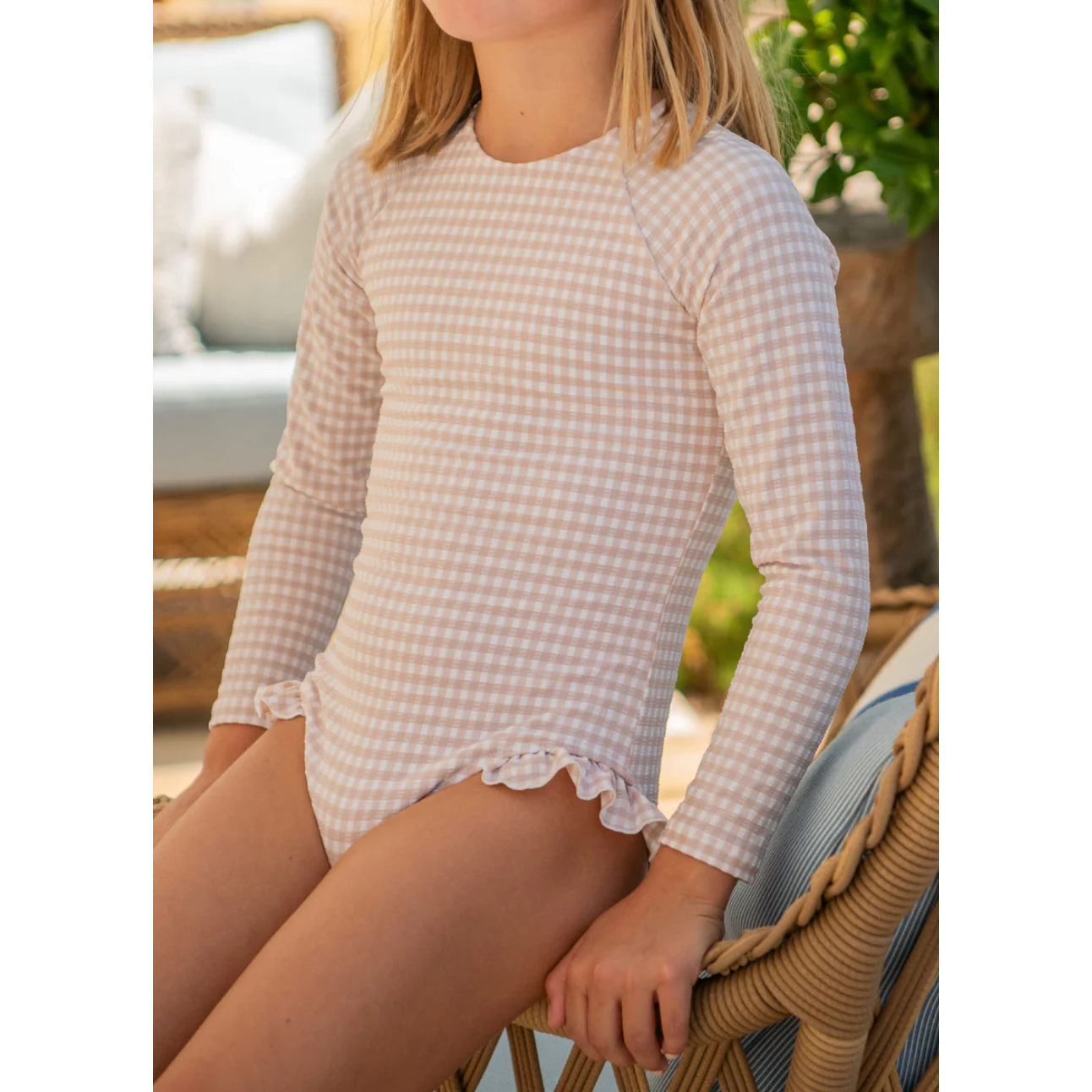 girls brown crinkle gingham rashguard one piece