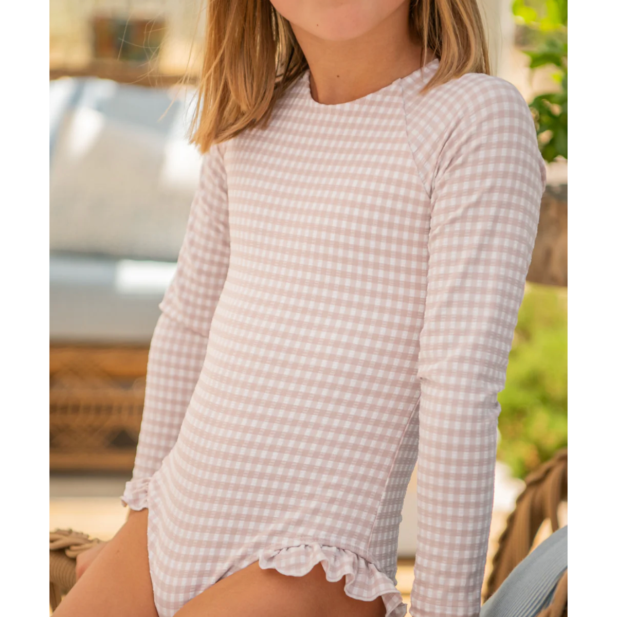 girls brown crinkle gingham rashguard one piece