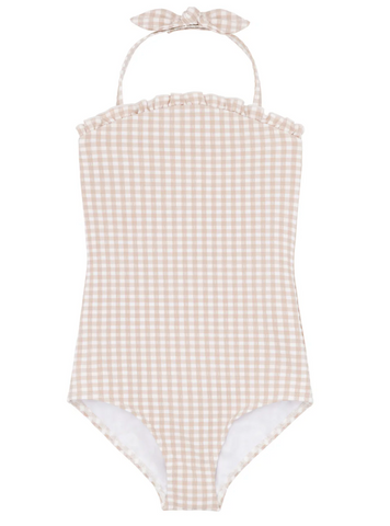 girls brown gingham halter one piece with tie knot