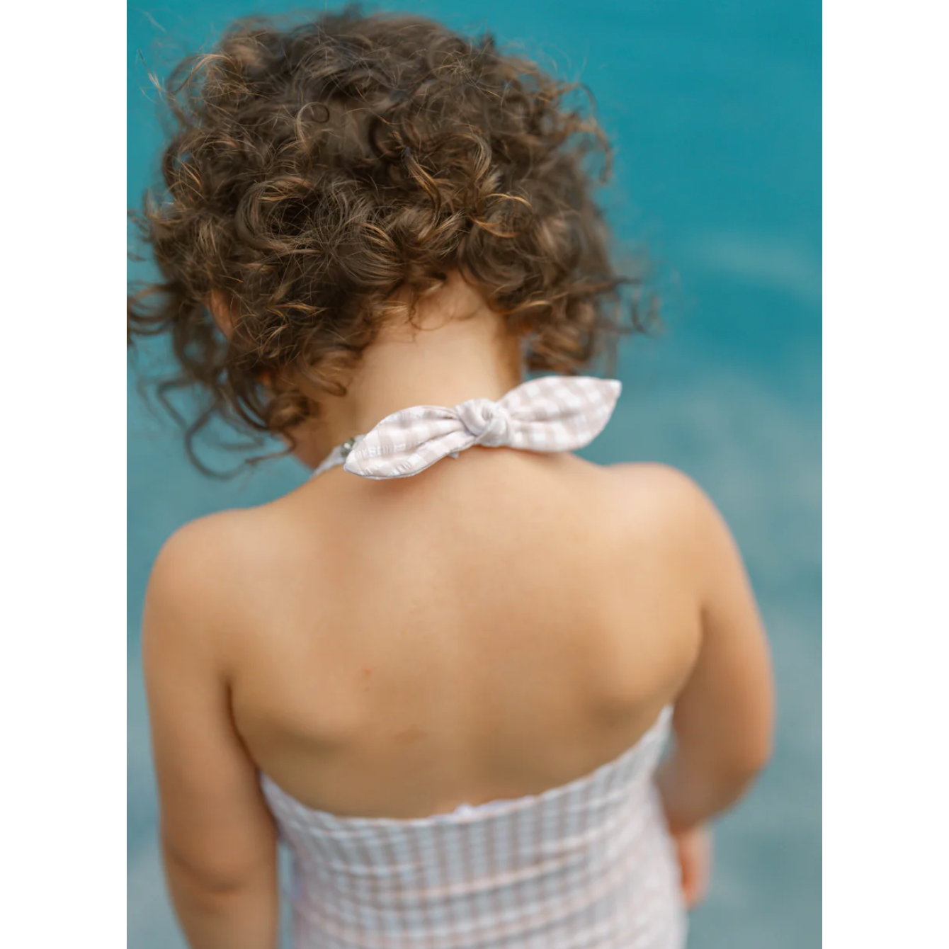 girls brown gingham halter one piece with tie knot