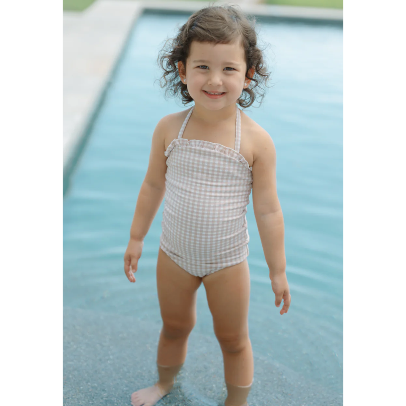 girls brown gingham halter one piece with tie knot