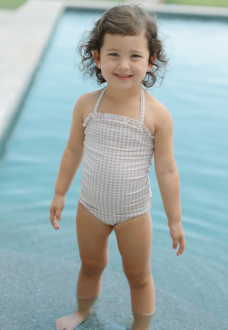 girls brown gingham halter one piece with tie knot