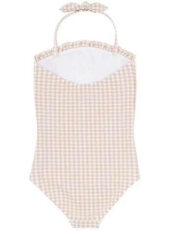 girls brown gingham halter one piece with tie knot