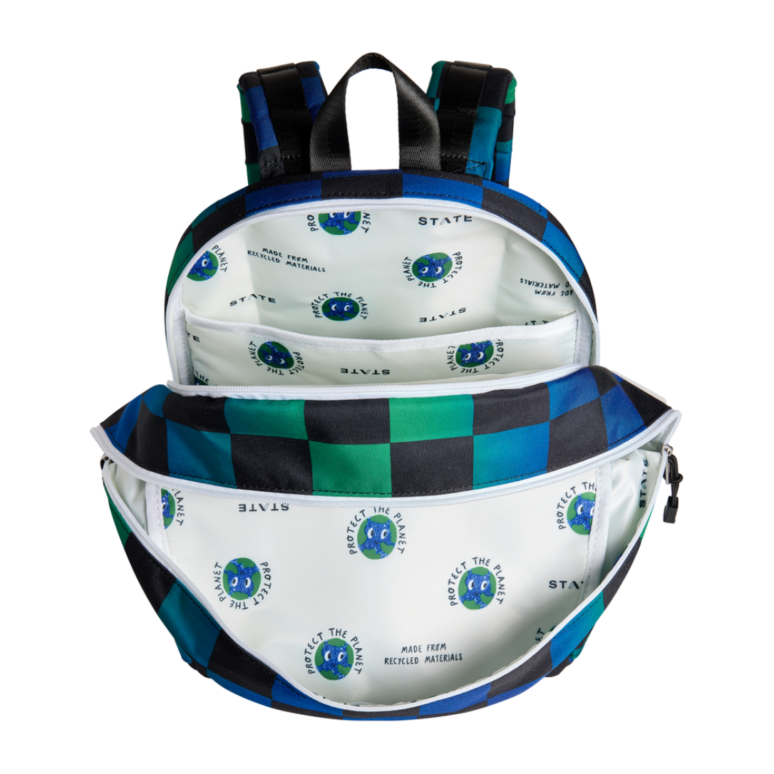 kane kids double pocket backpack | blue checkerboard
