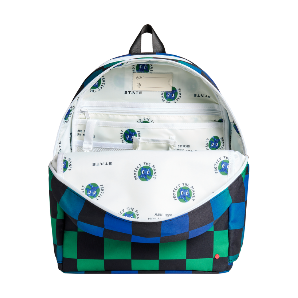kane kids double pocket backpack | blue checkerboard