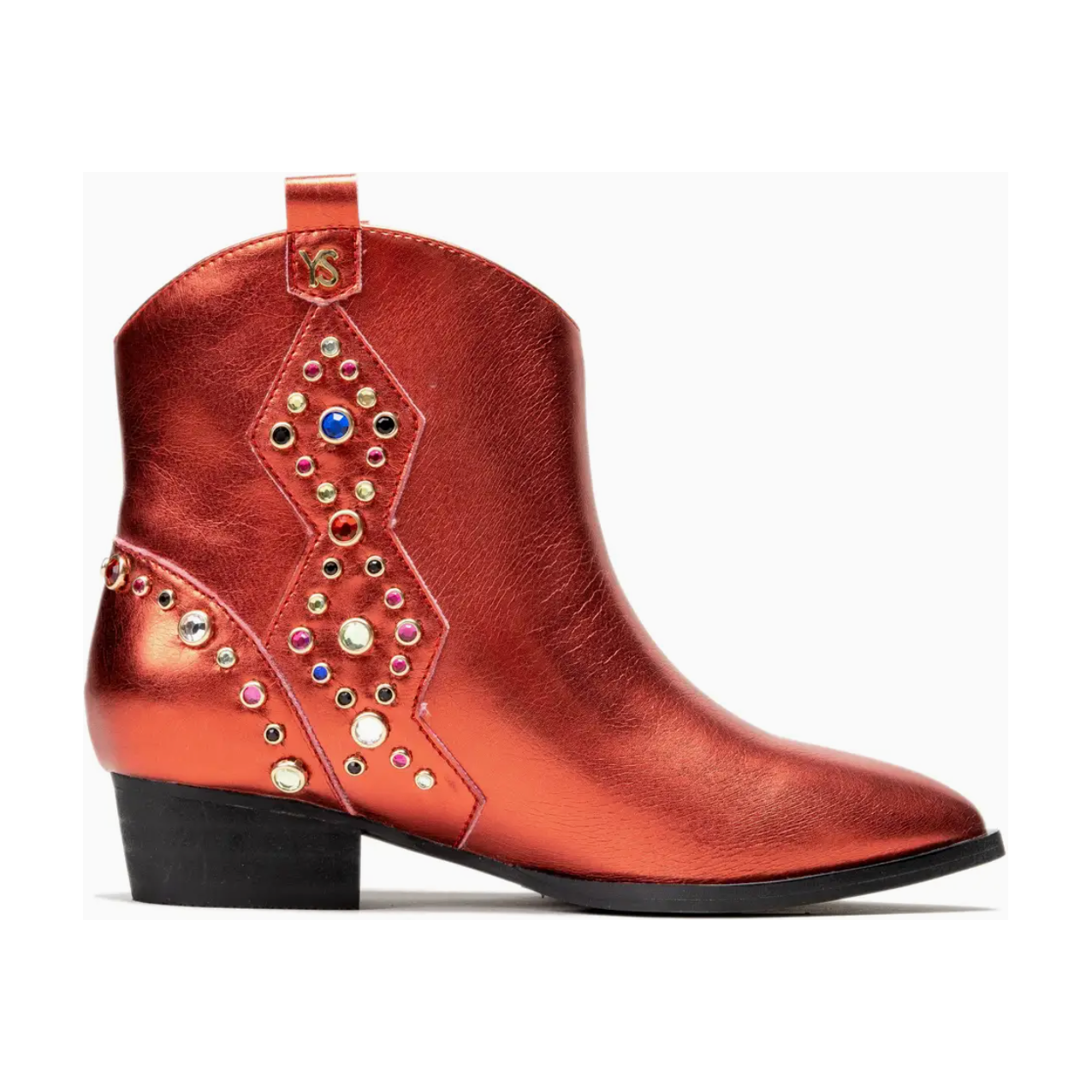 miss dallas black multi gem studded bootie in red