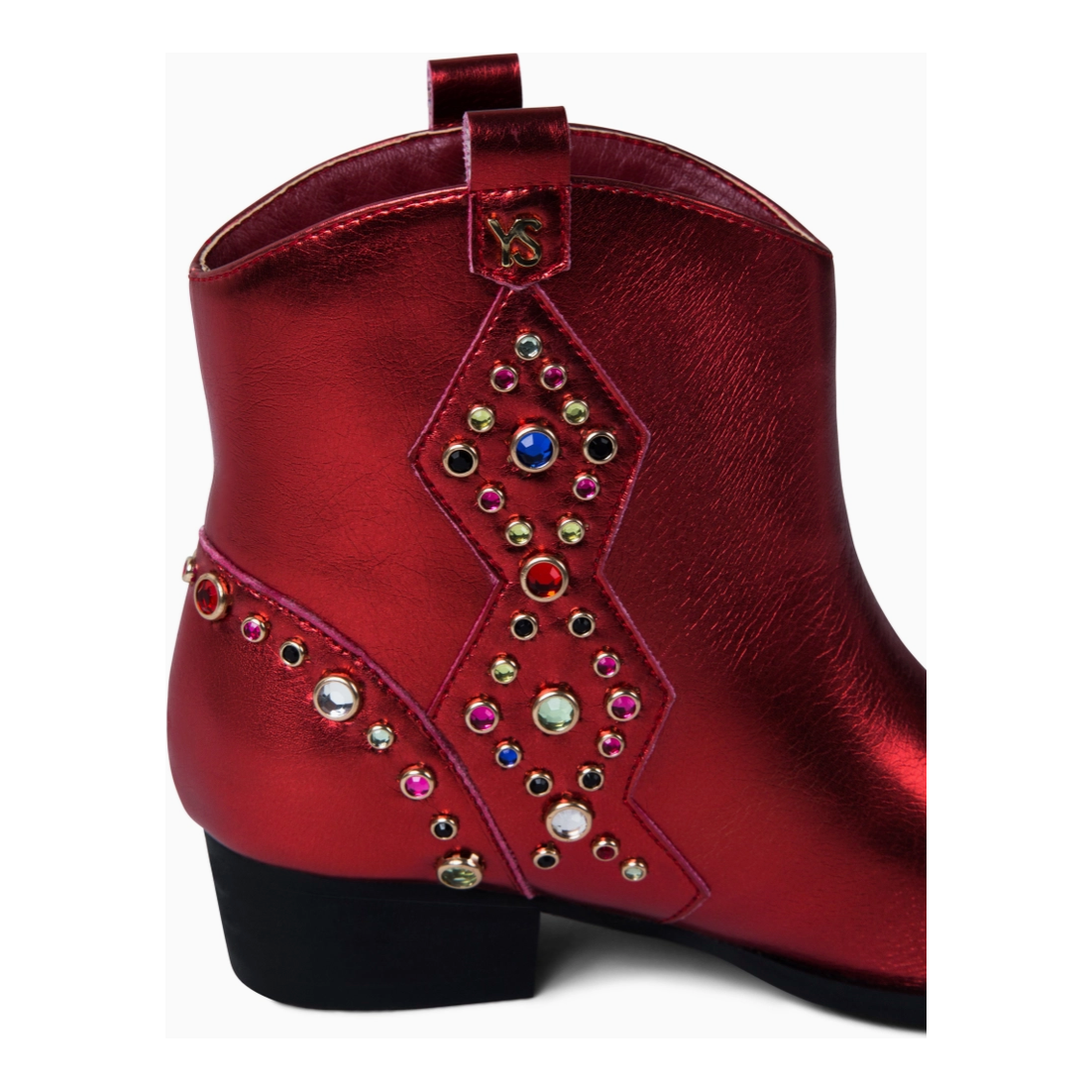 miss dallas black multi gem studded bootie in red