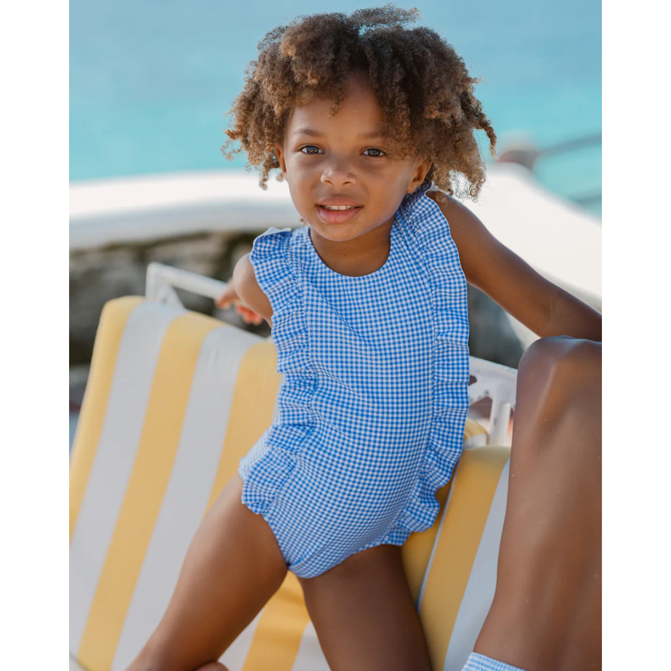 girls sky blue gingham ruffle one piece