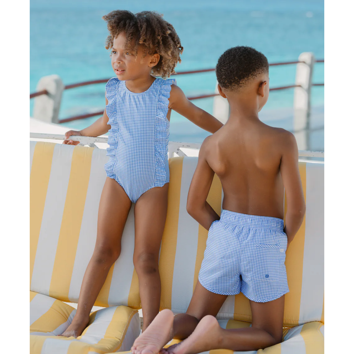 girls sky blue gingham ruffle one piece