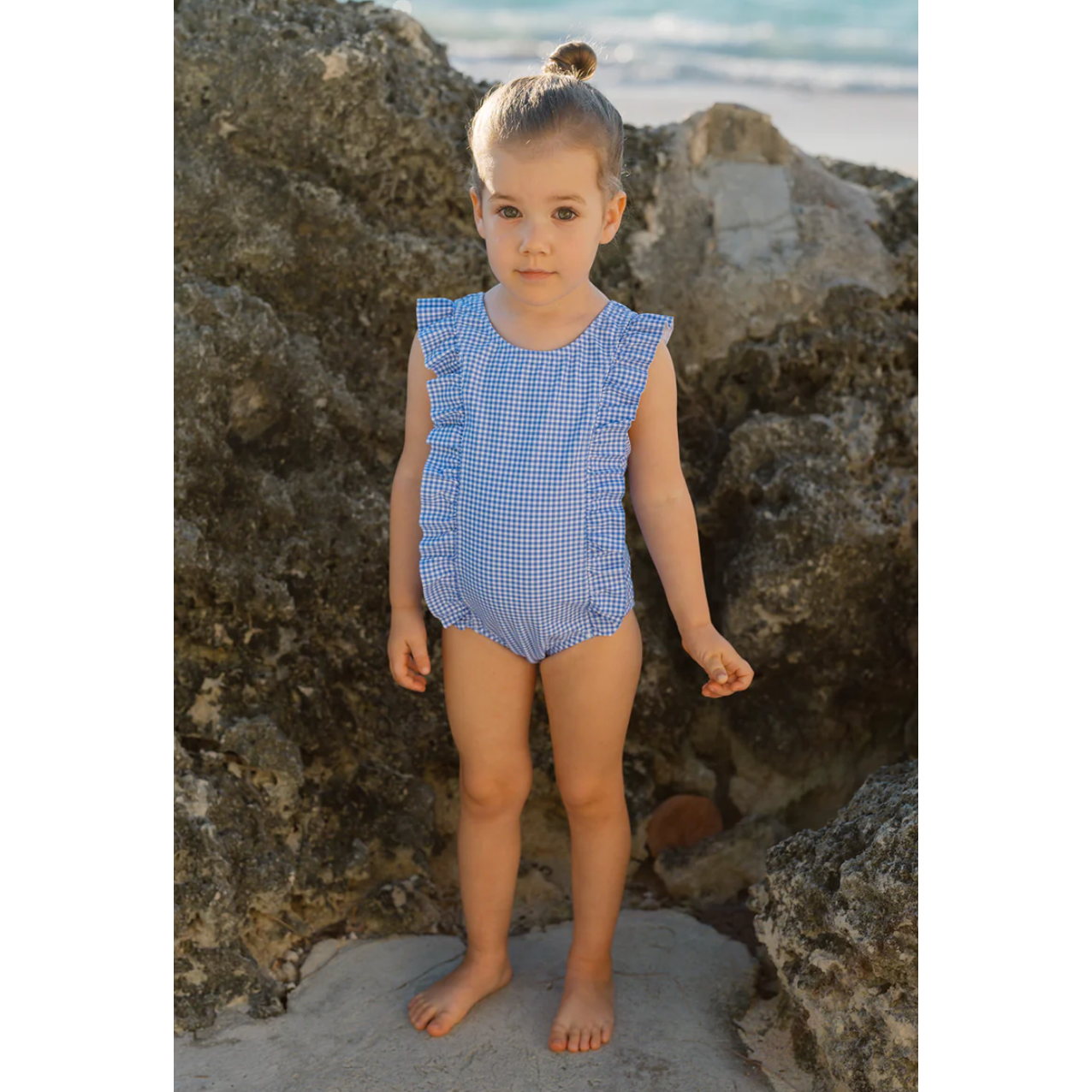 girls sky blue gingham ruffle one piece