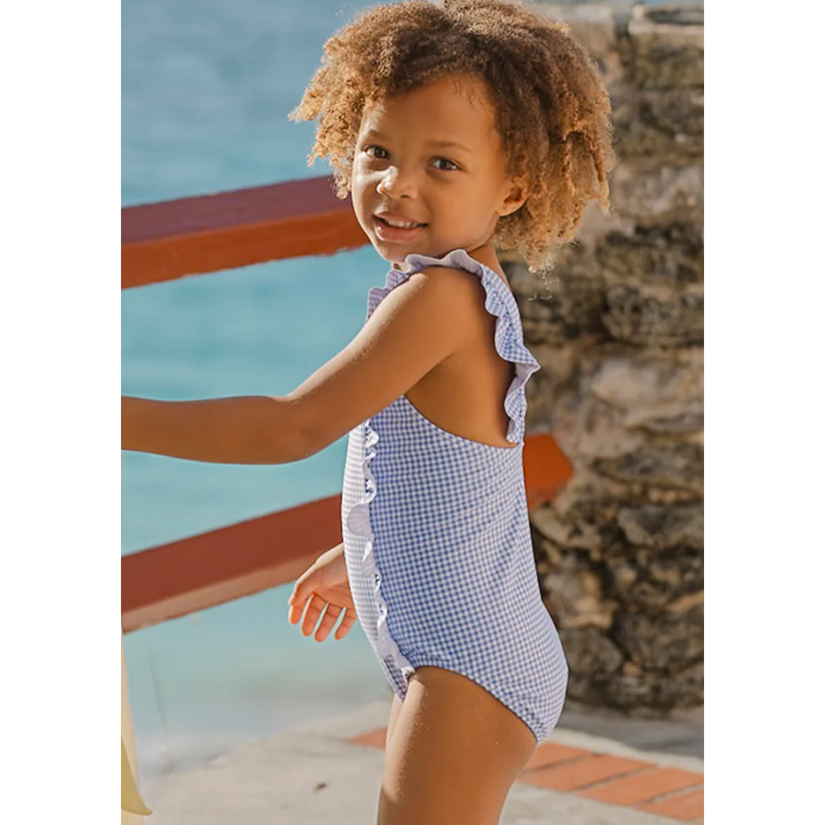 girls sky blue gingham ruffle one piece