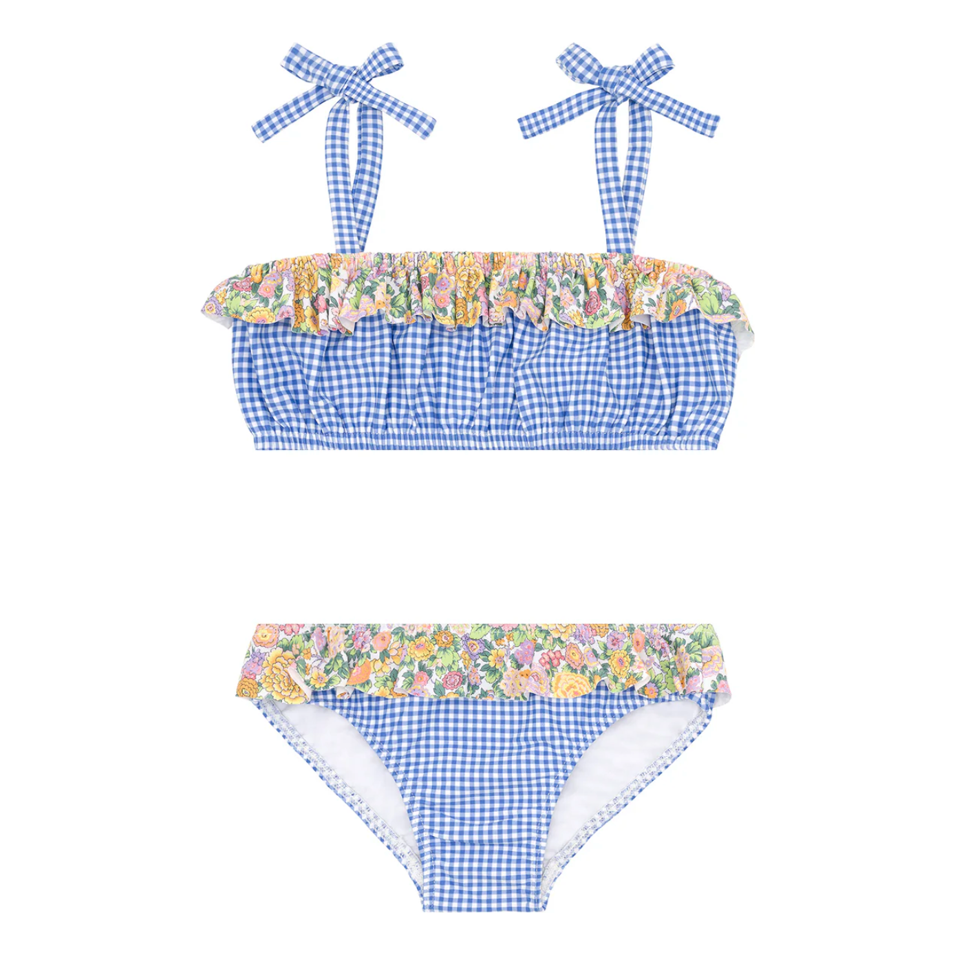 girls sky blue gingham bandeau tie strap bikini