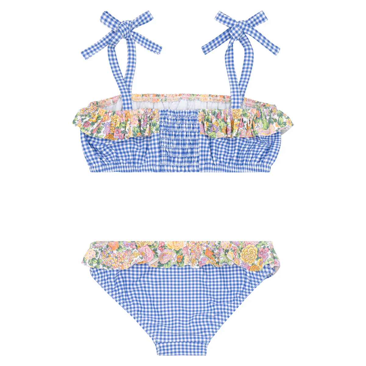 girls sky blue gingham bandeau tie strap bikini
