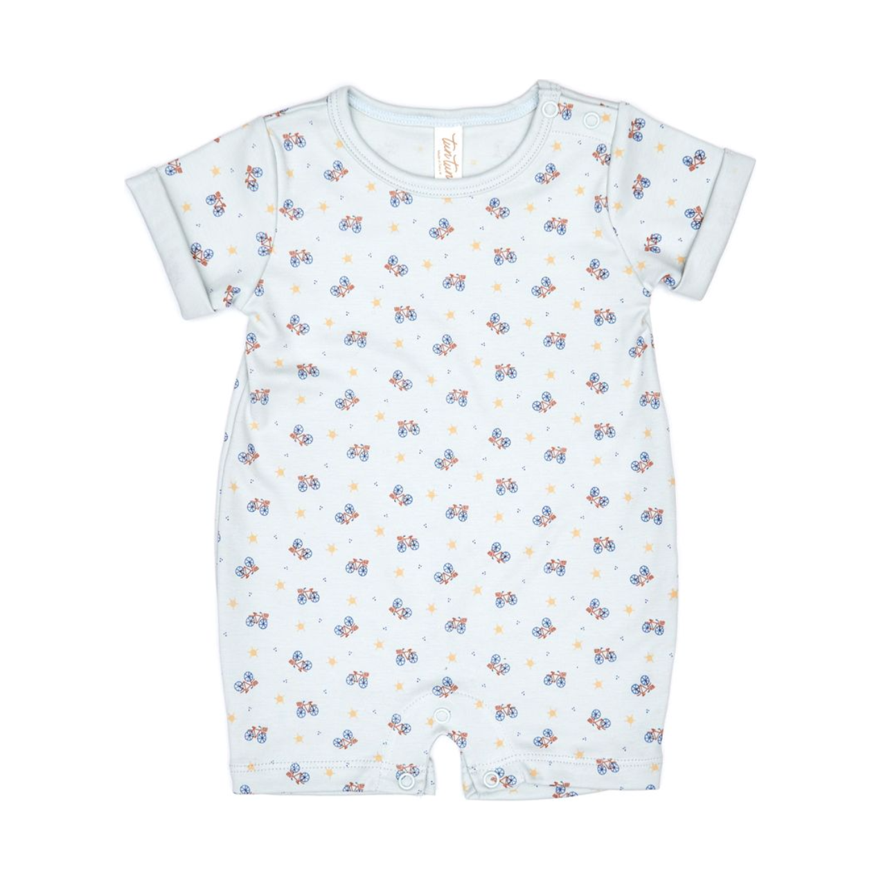 short sleeve romper | light blue bicycles